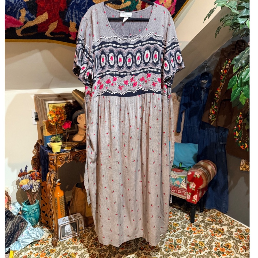 Vintage 90s Rose Floral Pinstripe Rayon Dress Plus Size‎ 26W Made in USA - Picture 4 of 8